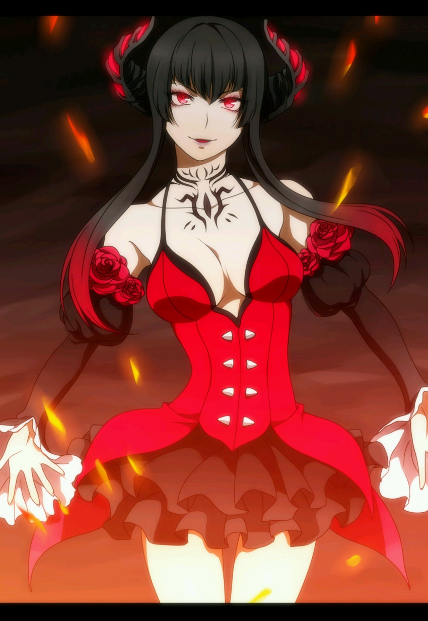 1girl, absurdres, arm_warmers, bare_shoulders, black_arm_warmers, black_hair, black_skirt, breasts, cleavage, corset, detached_sleeves, dress, eliza_(tekken), eyelashes, female_focus, flower, frilled_skirt, frills, glowing, glowing_eyes, happy, highres, horns, long_hair, looking_at_viewer, medium_breasts, mikura_(miraclemicro), namco, red_eyes, red_flower, red_rose, red_skirt, rose, skirt, smile, solo, tattoo, tekken, tekken_revolution