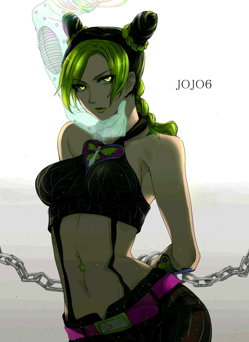1girl, arm_tattoo, bdsm, birthmark, black_hair, bondage, bound, braid, braided_bun, braided_ponytail, breasts, butterfly_tattoo, chain, chained, cone_hair_bun, copyright_name, double_bun, female_focus, gradient_background, green_eyes, green_hair, green_lips, hair_bun, half_updo, heart, highres, joestar_birthmark, jojo_no_kimyou_na_bouken, kuujou_jolyne, large_breasts, lipstick, long_hair, looking_at_viewer, makeup, matching_hair/eyes, midriff, mikura_(miraclemicro), multicolored_hair, navel, pants, ponytail, shirt, smile, solo, stand_(jojo), stone_free, stone_ocean, tattoo, two-tone_hair, white_background
