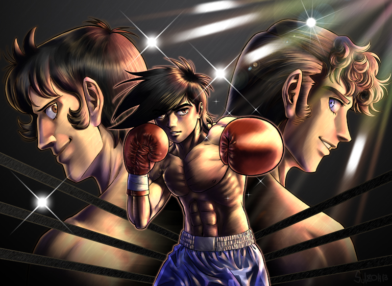 3boys, abs, ashita_no_joe, boxing_gloves, boxing_ring, brown_eyes, carlos_rivera, collarbone, fighting_stance, light, looking_back, male_focus, multiple_boys, muscular, projected_inset, rikiishi_tooru, shorts, smile, sparkle, stargeyser, yabuki_joe, yabuki_jou