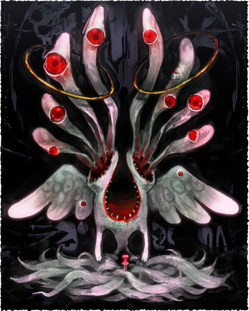 10s, 1girl, alternate_form, blood, creepy, dark, eldritch_abomination, horror_(theme), izumikairi, kaname_madoka, kyubey, mahou_shoujo_madoka_magica, mahou_shoujo_madoka_magica_(anime), monster, red_eyes, size_difference, teeth, wings