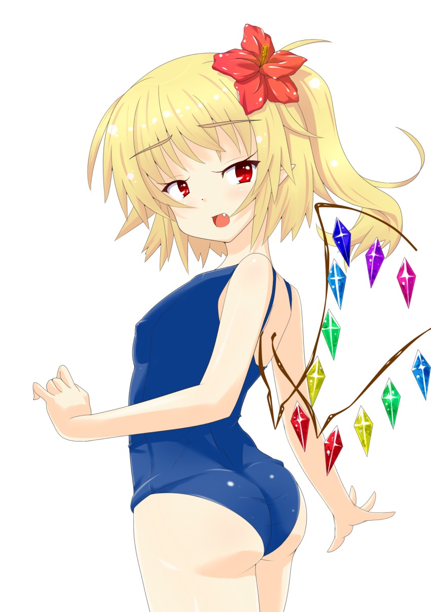 1girl, ass, blonde_hair, blush, breasts, fang, female_focus, flandre_scarlet