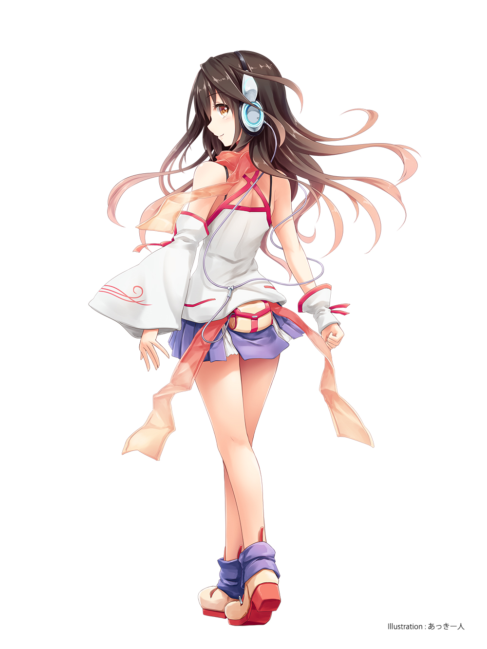 1girl, akkijin, ankle_boots, asymmetrical_sleeves, bare_legs, boots, brown_eyes, brown_hair