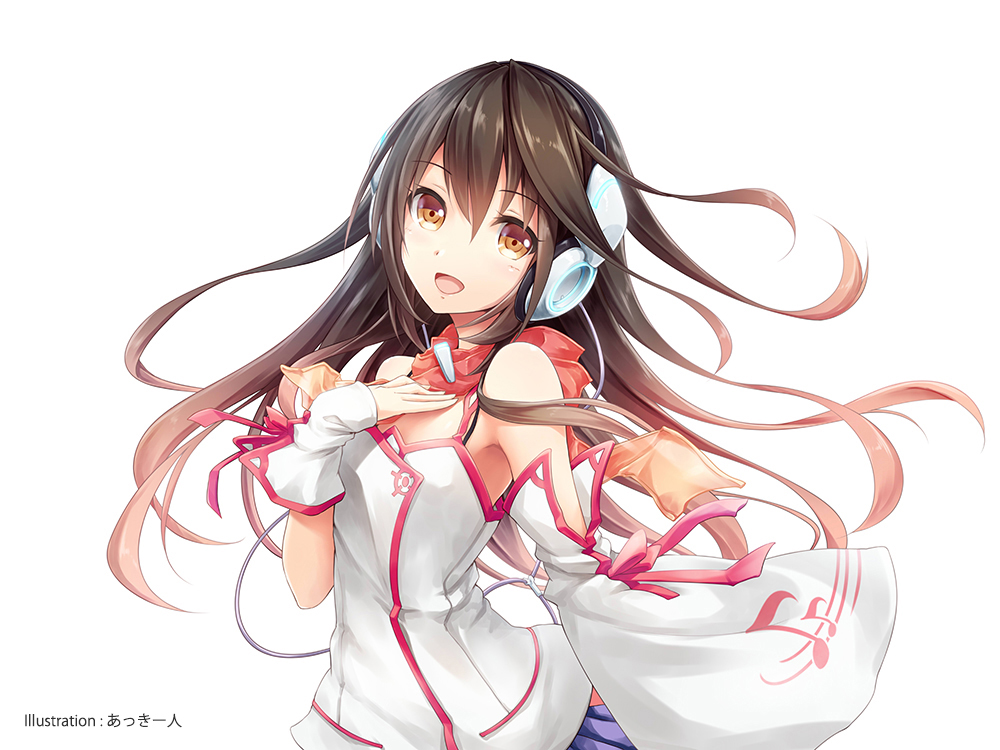 1girl, akkijin, asymmetrical_sleeves, brown_eyes, brown_hair, detached_sleeves, female_focus, headphones