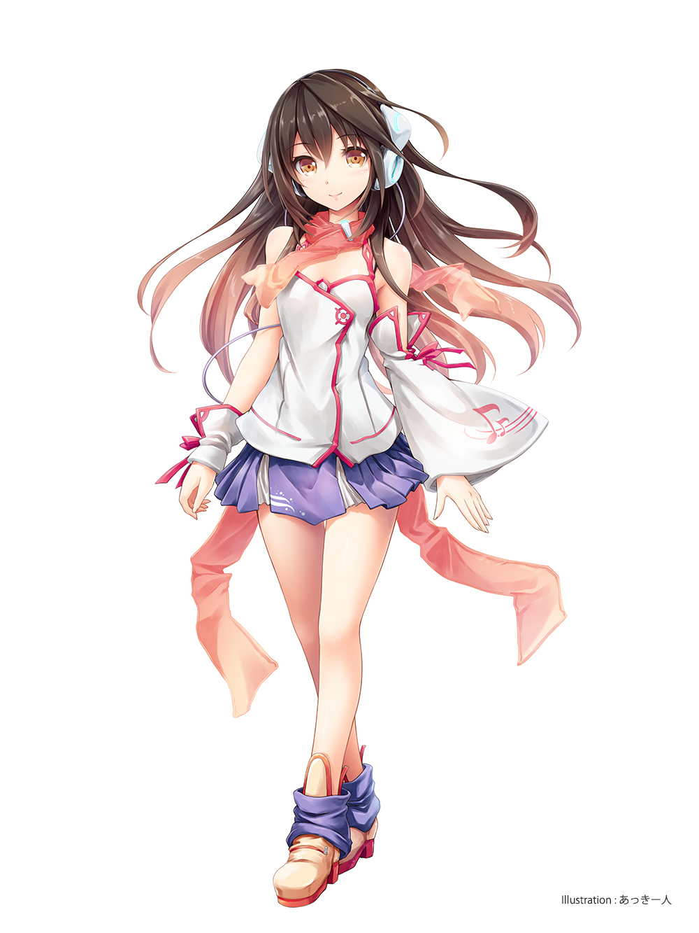 1girl, akkijin, ankle_boots, asymmetrical_sleeves, bare_legs, boots, brown_hair, detached_sleeves