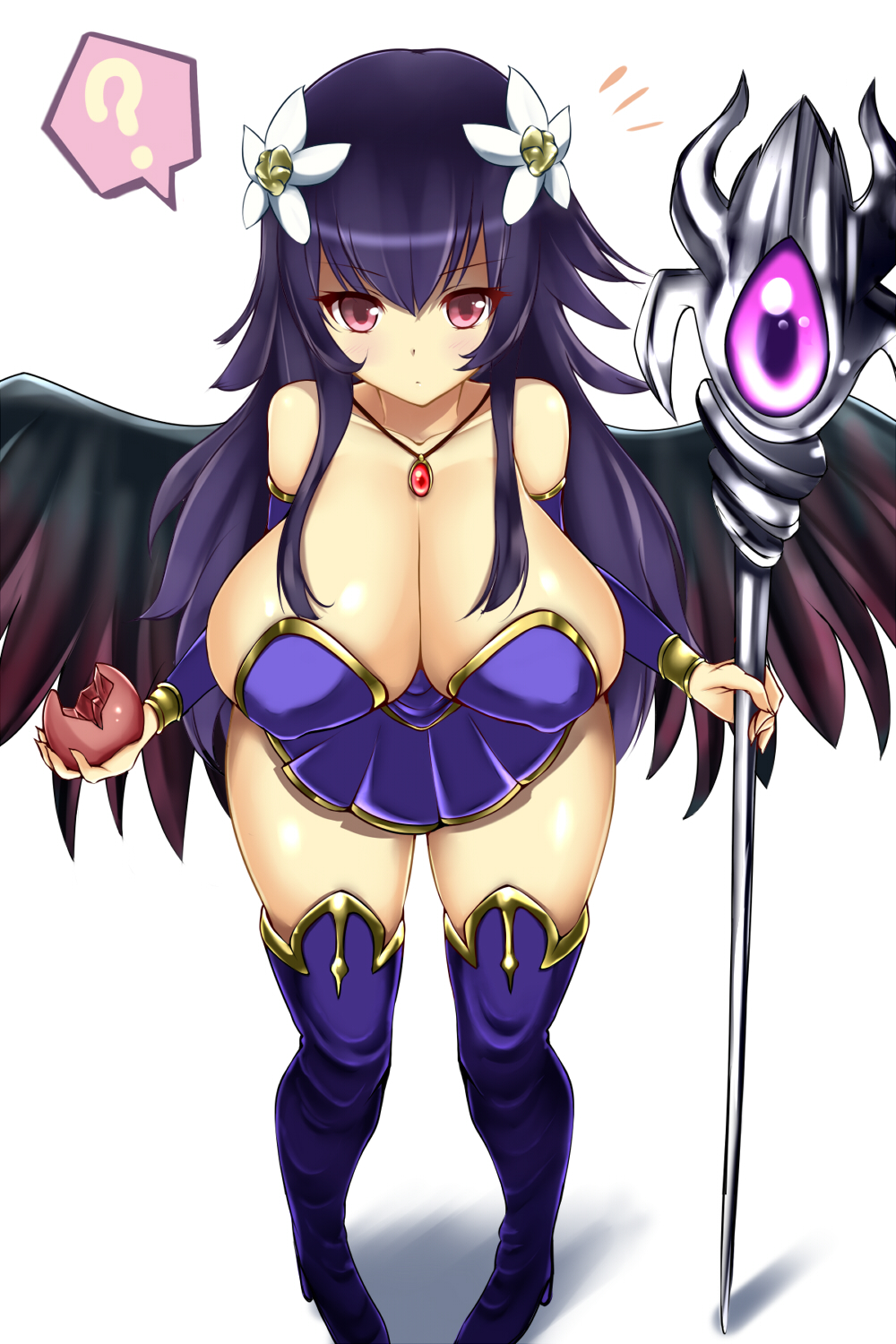 1girl, ?, bare_shoulders, black_hair, black_wings, boots, breasts, cleavage