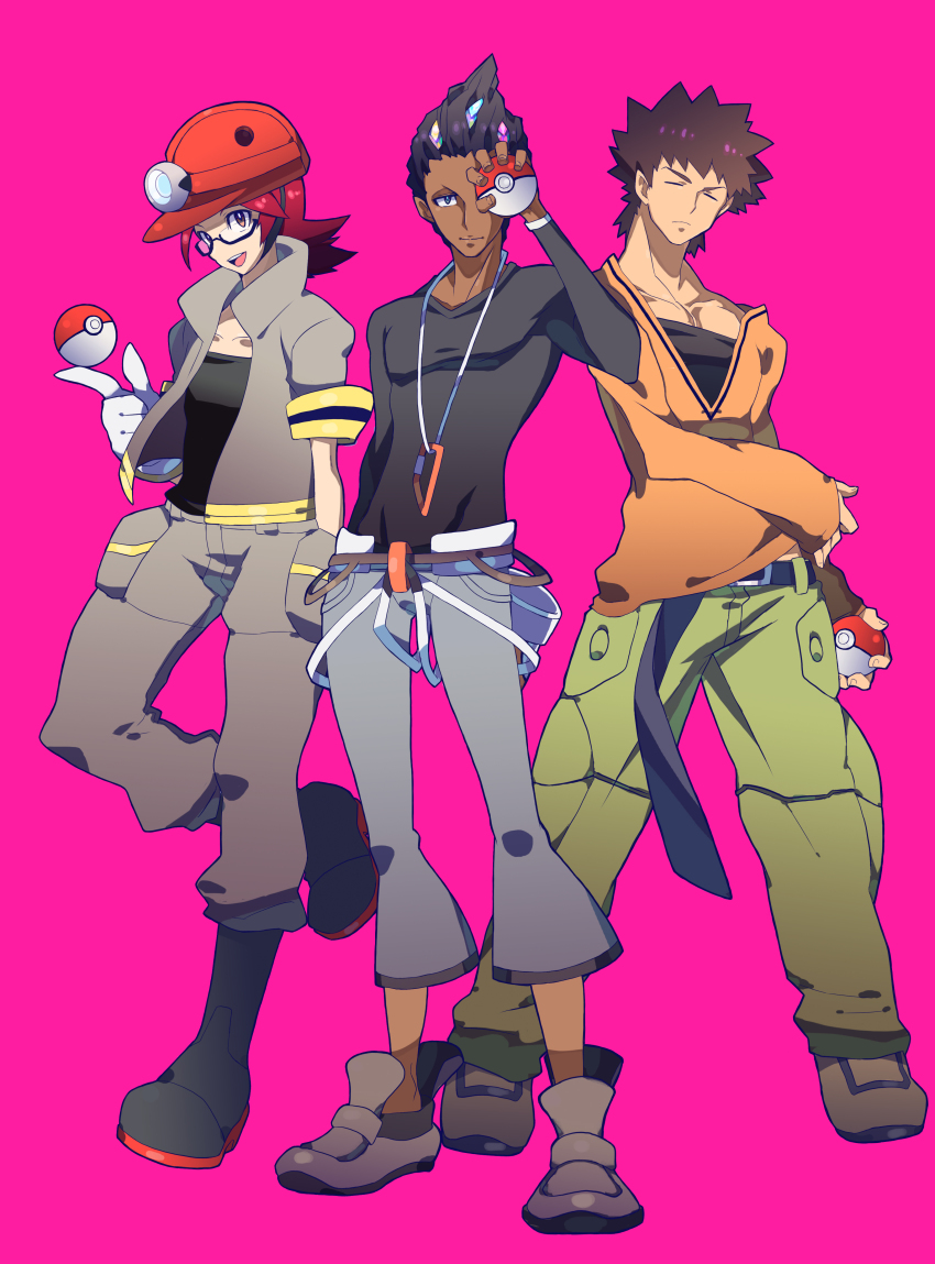 00s, 10s, 1990s_(style), 3boys, absurdres, black_hair, blue_eyes, brock_(pokemon), brown_eyes, brown_hair, closed_eyes, dark_skin, glasses, grant_(pokemon), gym_leader, helmet, highres, male_focus, multiple_boys, nintendo, open_mouth, pokemon, pokemon_diamond/pearl/platinum, pokemon_red/green/blue/yellow, pokemon_x_and_y, retro_artstyle, roark_(pokemon), short_hair, smile, tagme, tamiya_surume