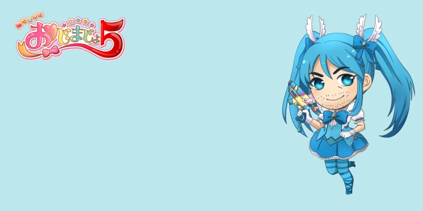 1boy, artist_request, blue_background, blue_eyes, blue_hair, bow, catharsis_chuuto-saiyou, charm_(object)