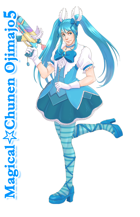 1boy, blue_eyes, blue_hair, bohe, bow, catharsis_chuuto-saiyou, character_name, choker, copyright_name, crossdressing, crossdressing_(mtf), full_body, gloves, gun, hair_bow, high_heels, long_hair, magical_girl, mahou_chuunen_ojimajo_5, male_focus, matching_hair/eyes, pantyhose, socks, soejima_ryouta, solo, stats, striped_clothes, striped_pantyhose, transparent_background, twintails, weapon