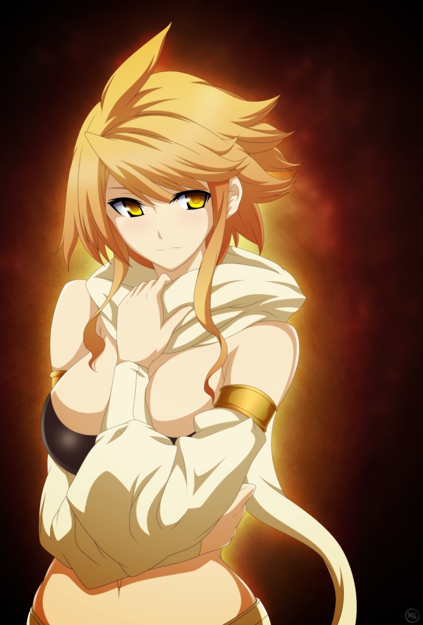 10s, 1girl, absurdres, akame_ga_kill!, blonde_hair, breasts, cleavage, derivative_work, detached_sleeves, female_focus, highres, large_breasts, leone_(akame_ga_kill!), looking_at_viewer, midriff, navel, scarf, short_hair, solo, strapless, tube_top, von-cx, yellow_syria