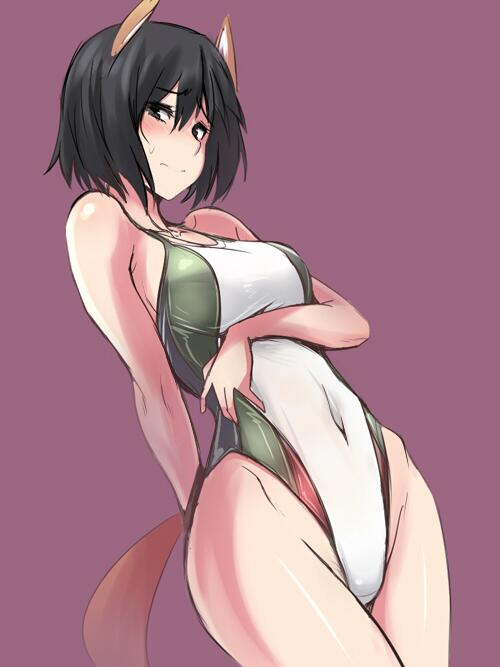 1girl, animal_ears, bad_id, bad_twitter_id, black_eyes, black_hair, competition_swimsuit, dog_ears