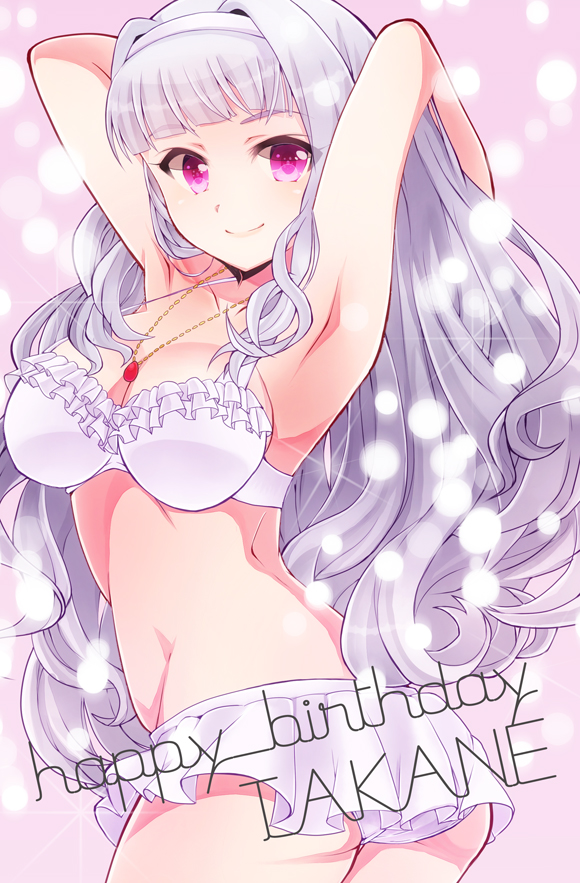 1girl, 81_(mellowry), armpits, arms_behind_head, bra, breasts, female_focus, hairband, idolmaster, idolmaster_(classic), jewelry, lingerie, long_hair, looking_at_viewer, necklace, panties, pink_eyes, shijou_takane, smile, solo, underwear, white_hair