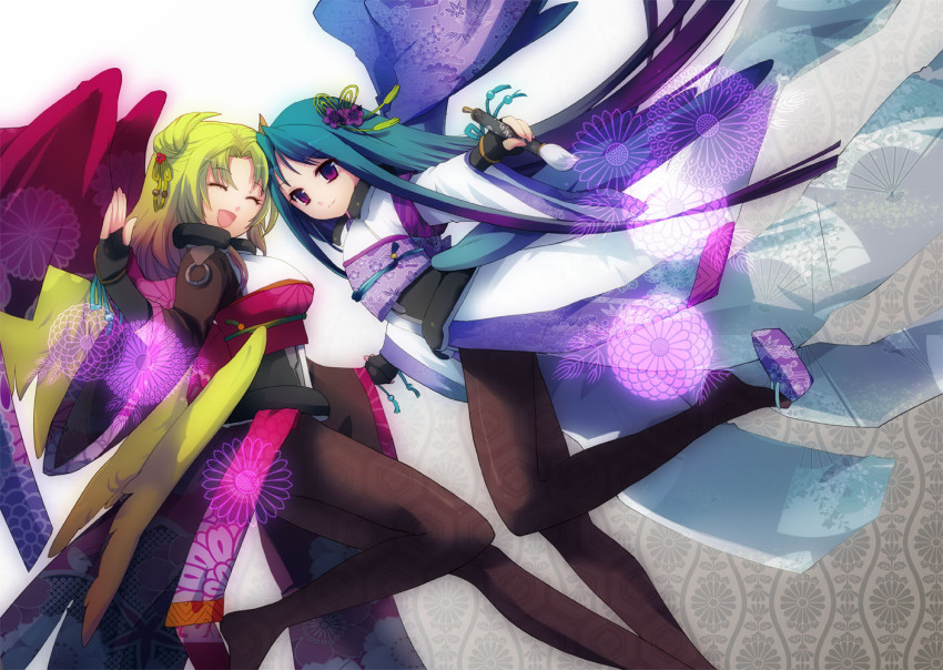 2girls, alternate_costume, angel, blonde_hair, blue_eyes, blue_hair, breasts, closed_eyes