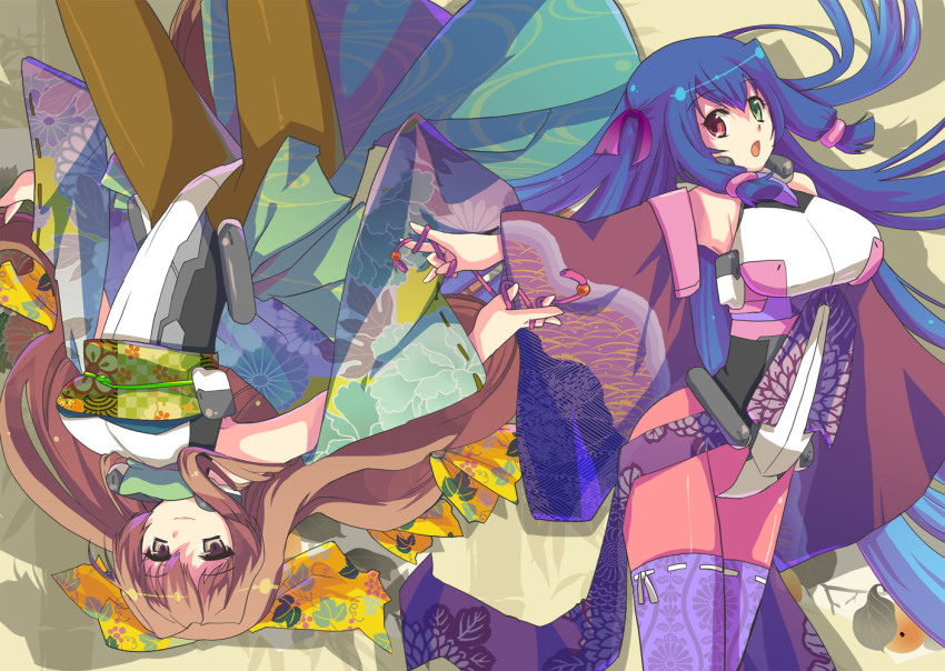 2girls, alternate_costume, aoi_kimi, asama_tomo, blue_hair, bodysuit, breasts, brown_hair