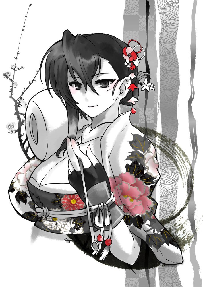 1girl, alternate_costume, female_focus, fingerless_gloves, gloves, kyoukaisenjou_no_horizon, monochrome, naomasa_(horizon)