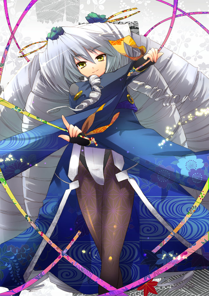 1girl, alternate_costume, black_legwear, bodysuit, drill_hair, female_focus, fingerless_gloves, gloves, kyoukaisenjou_no_horizon, long_hair, nate_mitotsudaira, silver_hair, solo, udeita, very_long_hair, yellow_eyes