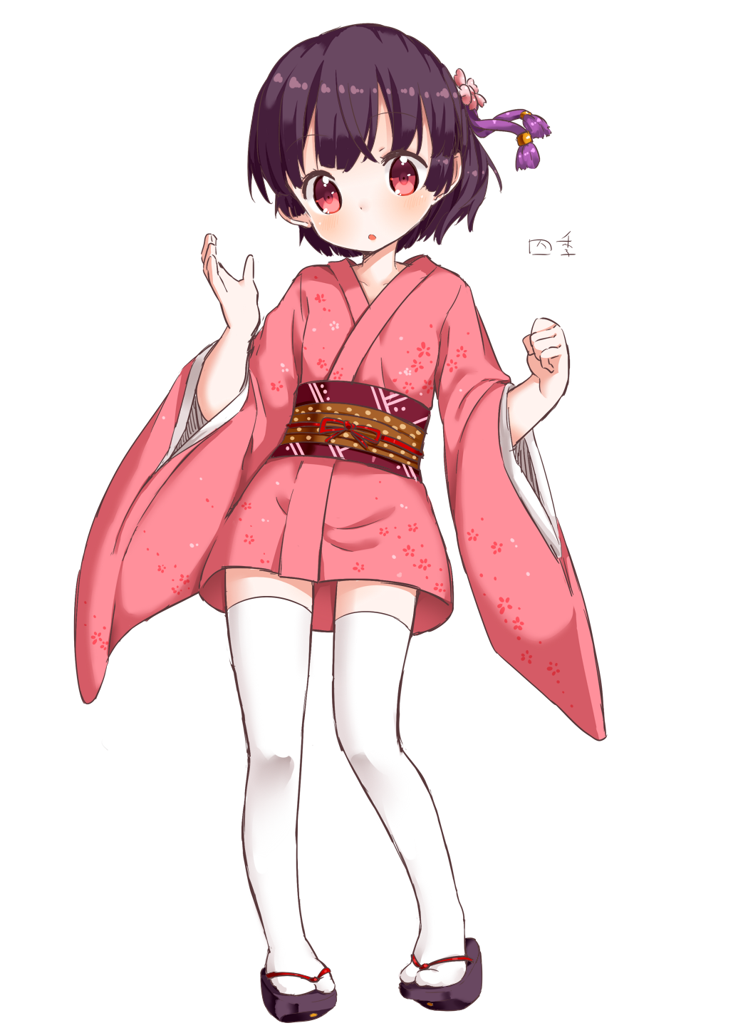 1girl, :o, bad_id, bad_pixiv_id, black_hair, blush, character_name, female_focus, hair_ornament, highres, japanese_clothes, kimono, muku_(muku-coffee), obi, original, pink_kimono, red_eyes, sandals, sash, shiki_(muku), short_hair, short_kimono, short_yukata, solo, thighhighs, white_thighhighs, yukata