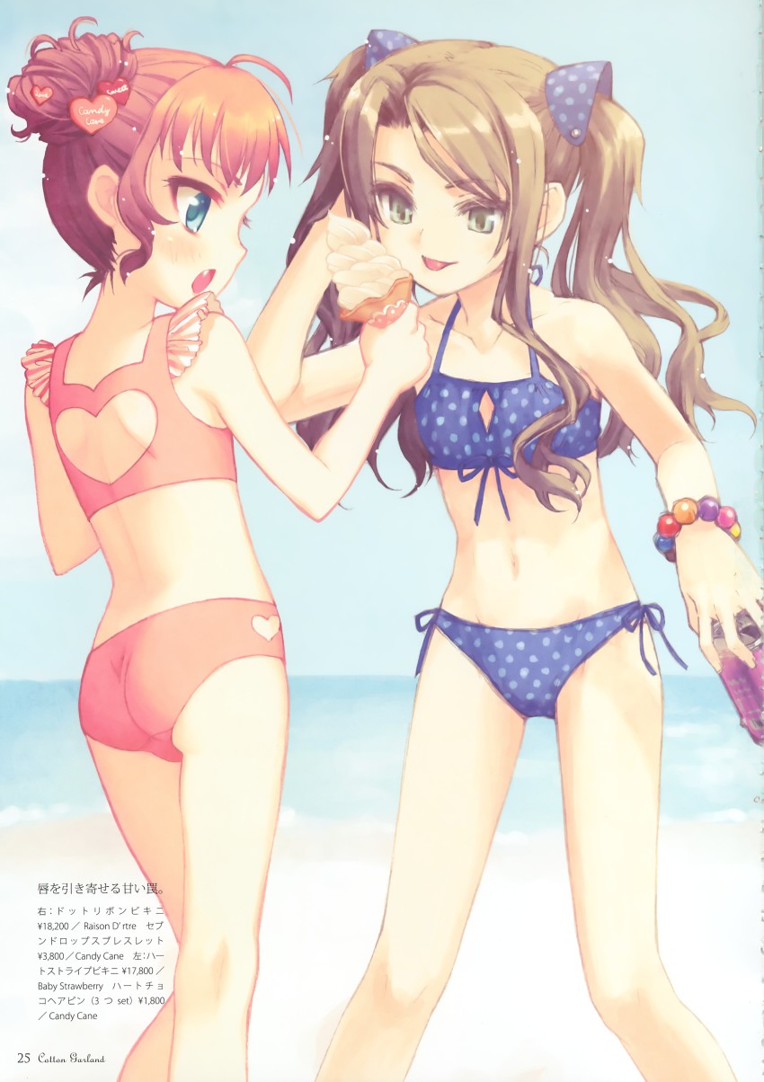 2girls, absurdres, asaki_yuzuno, back_cutout, beach, bikini, blue_eyes, brown_hair, cleavage_cutout, clothing_cutout, cotton_child, day, fang, food, frills, green_eyes, heart, heart_cutout, highres, ice_cream, konoe_ototsugu, multiple_girls, ocean, open_mouth, outdoors, pireze, polka_dot, polka_dot_bikini, polka_dot_swimsuit, red_hair, swimsuit, twintails, water