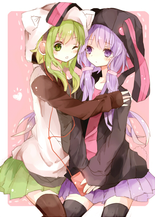 2girls, animal_ears, animal_hood, bad_id, bad_pixiv_id, blush, mp3_player, green_eyes