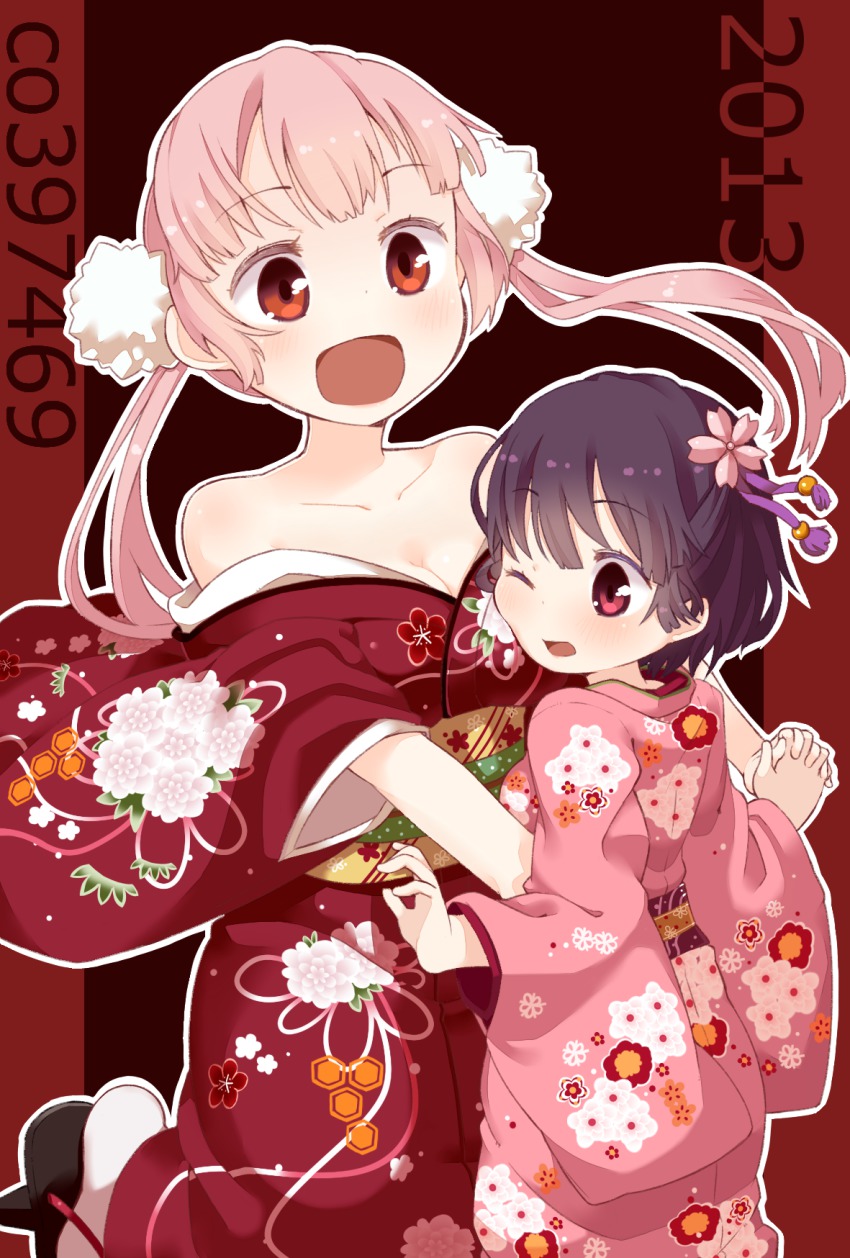 2girls, :d, bare_shoulders, black_hair, blush, breasts, cheek-to-breast, cleavage, collarbone, flower, hair_flower, hair_ornament, highres, holding_hands, japanese_clothes, kimono, kimono_pull, medium_breasts, muku_(muku-coffee), multiple_girls, one_eye_closed, open_mouth, original, pink_hair, red_eyes, sandals, shiki_(muku), smile, tachibana_hinano_(muku), twintails, wink