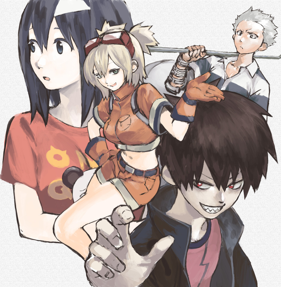 2boys, 2girls, bell_hydra, black_hair, blonde_hair, blood_lad, breasts, goggles