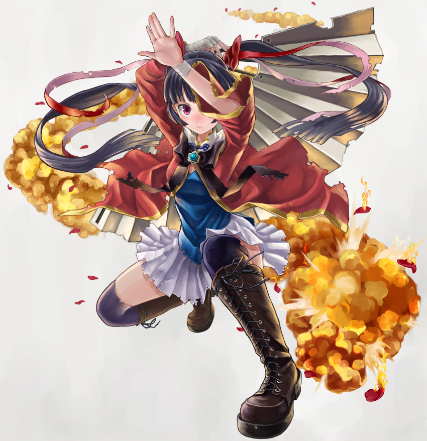 1girl, bandages, black_hair, boots, daqiao_(shin_sangoku_musou), female_focus, folding_fan, hair_ribbon