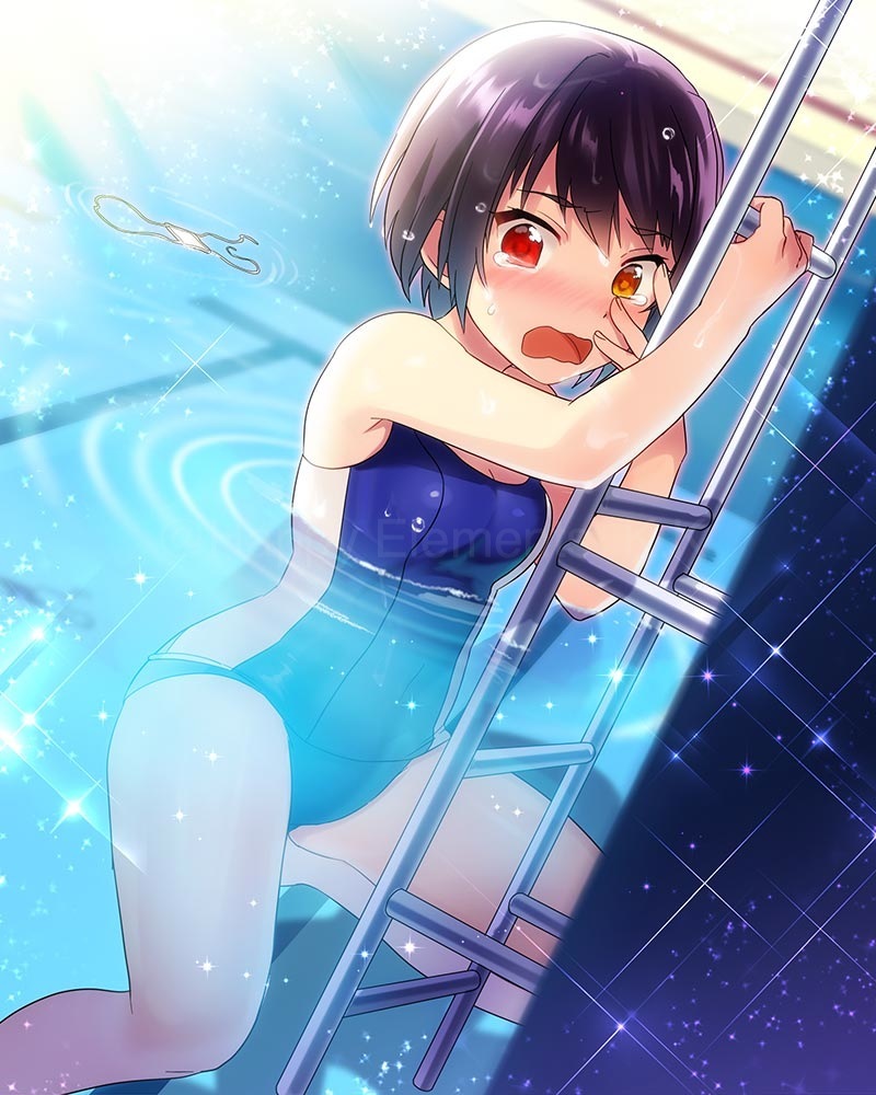 1girl, black_hair, competition_swimsuit, ensemble_girls!, eyepatch, unworn_eyepatch, heterochromia, kuromori_suzu, official_art, one-piece_swimsuit, original, pool, pool_ladder, short_hair, submerged, swimsuit, water