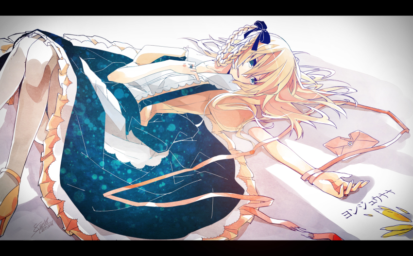 1girl, blonde_hair, blue_eyes, bow, braid, female_focus, highres, jewelry, letter, long_hair, lying, makkamatsuri, petals, ribbon, ring, solo, tears, vocaloid, yonjuunana_(vocaloid)