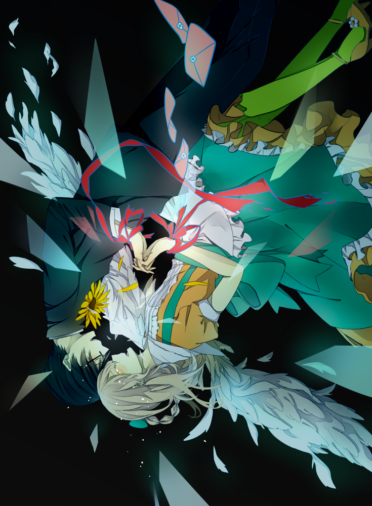 1boy, 1girl, bad_id, bad_pixiv_id, black_hair, brown_hair, closed_eyes, falling