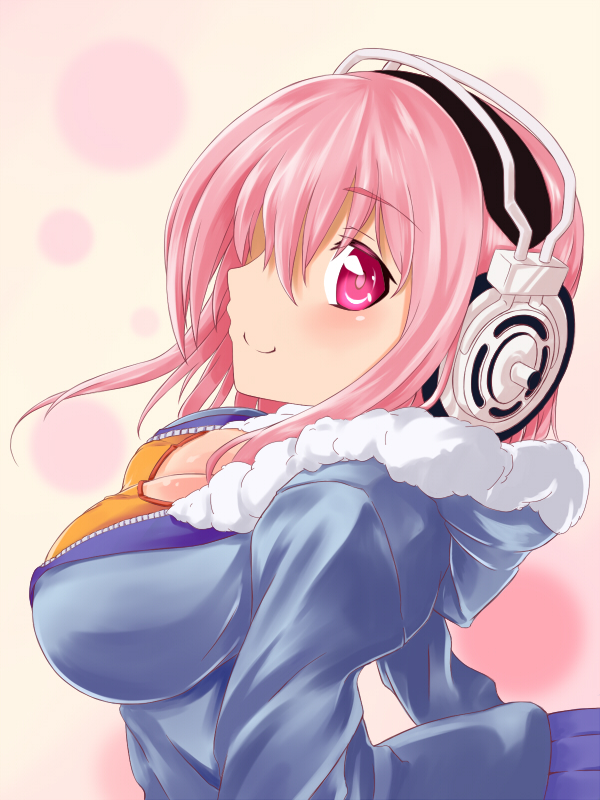 1girl, blush, breasts, cleavage, headphones, hood, hoodie, large_breasts, long_hair, looking_at_viewer, nitroplus, pink_eyes, pink_hair, smile, super_sonico, varu_(forscryd)