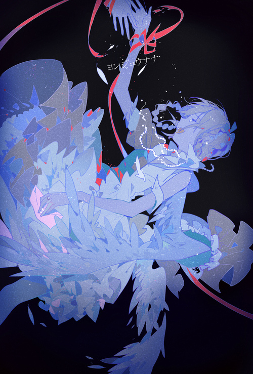 1girl, closed_eyes, falling, feathers, long_hair, rella, ribbon, smile, tears, vocaloid, wings, yonjuunana_(vocaloid)