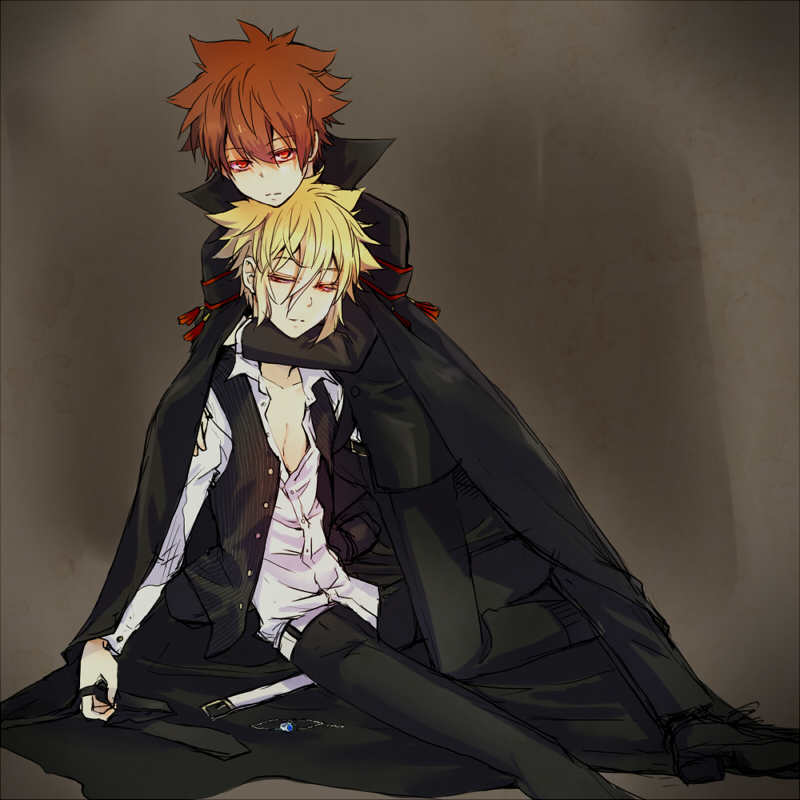 2boys, blonde_hair, child, giotto_(reborn), hug, katekyo_hitman_reborn!, male_focus, multiple_boys, red_eyes, red_hair, sawada_tsunayoshi, simple_background, t-riku, tagme, yaoi