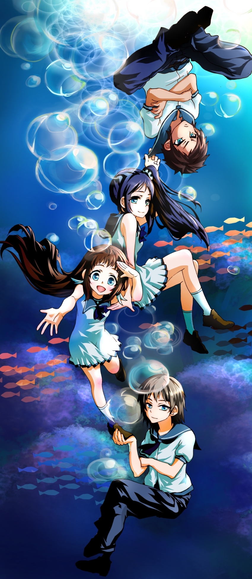 10s, 2boys, 2girls, absurdres, blue_eyes, blue_hair, brown_hair, dress
