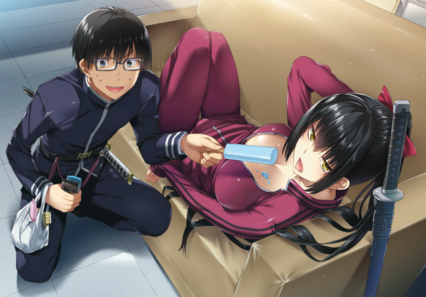 1boy, 1girl, aiichi_ichiya, breasts, cleavage, couch, feeding, food