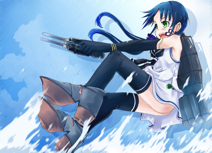 >:d, 10s, 1girl, :d, black_thighhighs, blue_gloves, blue_hair, blush
