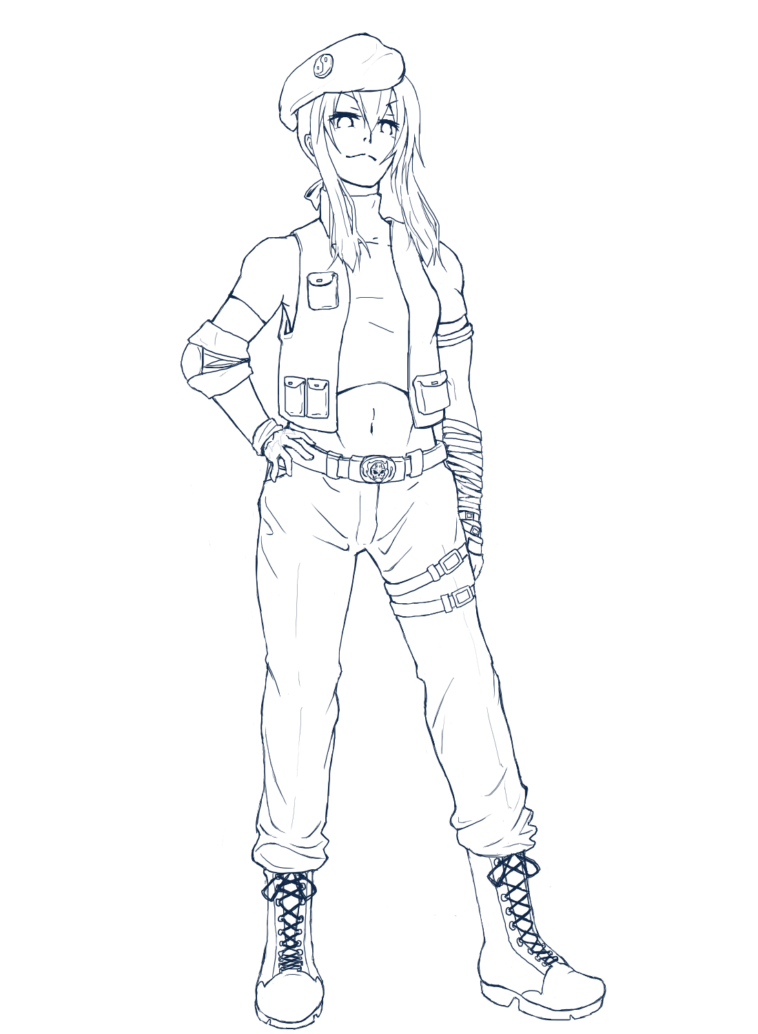 1girl, alternate_hairstyle, bad_id, bad_pixiv_id, bandages, beret, boots, bow, combat_boots, contemporary, elbow_pads, erodotosu, female_focus, gloves, greyscale, hair_bow, hand_on_own_hip, hat, highres, lace-up_boots, m.u.g.e.n, midriff, monochrome, navel, original, pants, sendai_hakurei_no_miko, sendai_hakurei_no_miko_(m.u.g.e.n), shirt, sidelocks, smirk, solo, t-shirt, touhou, vest, yin_yang