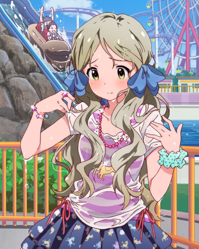 10s, 1girl, amusement_park, artist_request, bow, bracelet, cloud_print, crescent_moon