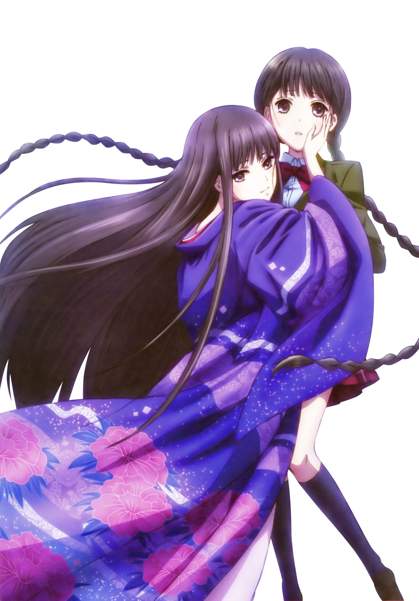 2girls, absurdres, black_eyes, black_hair, blush, bow, bowtie, braid, female_focus, hand_on_another's_face, highres, himegami_(rdg), japanese_clothes, legs, long_hair, looking_at_viewer, looking_back, multiple_girls, official_art, rdg_red_data_girl, school_uniform, simple_background, skirt, smile, socks, standing, suzuhara_izumiko, twin_braids, twintails, very_long_hair, white_background, yuri