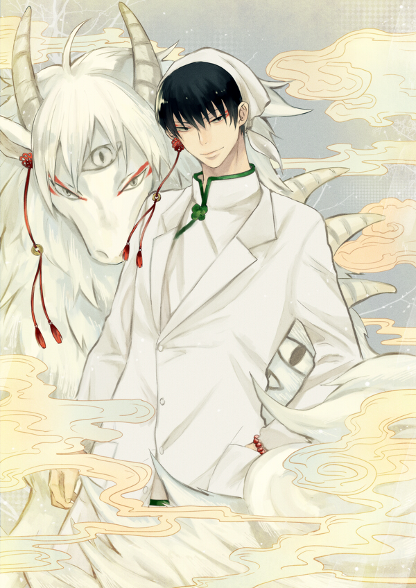 10s, 1boy, bad_id, bad_pixiv_id, black_hair, bluuue, creature, dual_persona