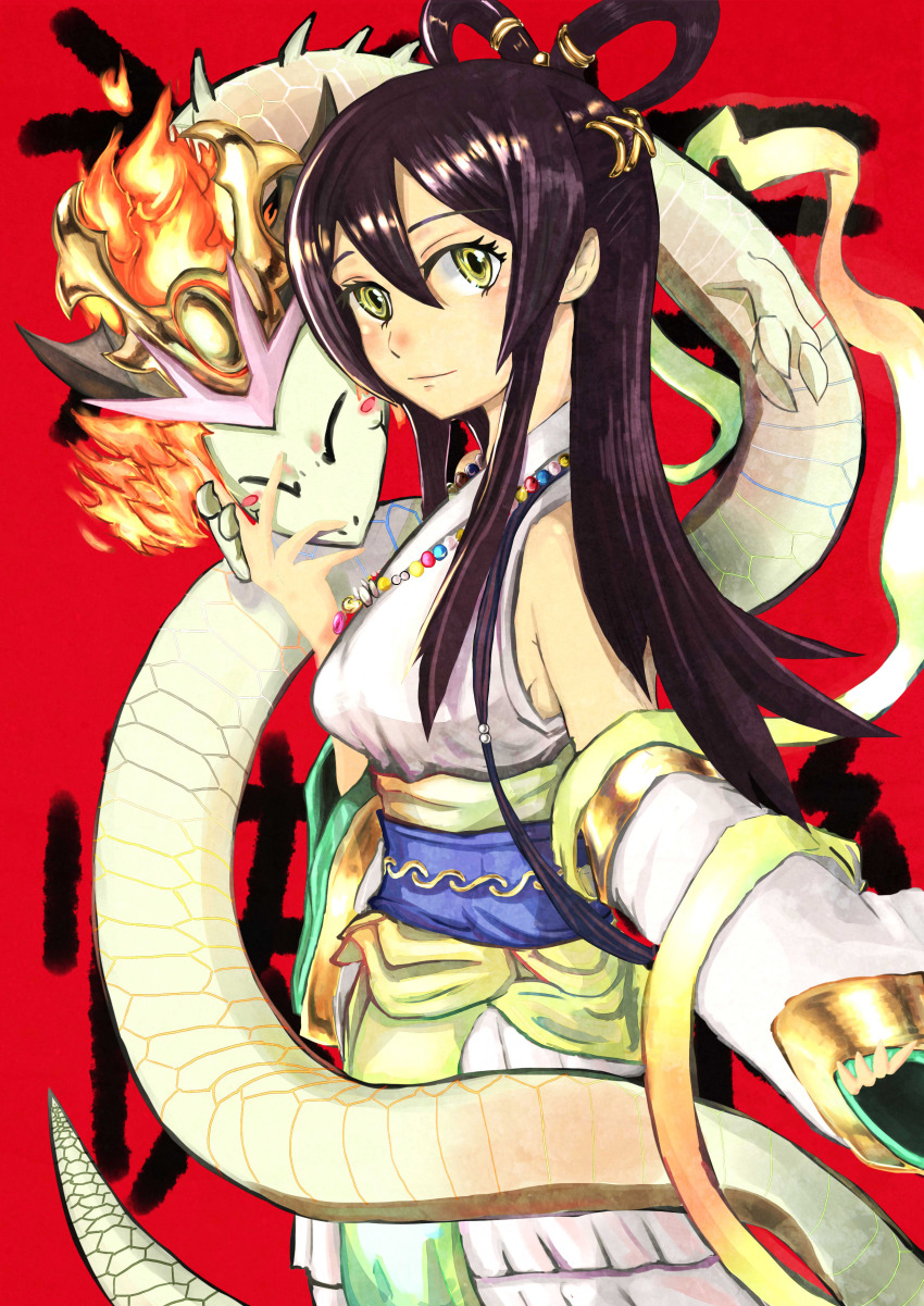 1girl, absurdres, bare_shoulders, brown_hair, detached_sleeves, dragon, highres, izanami_(p&amp;d), kagutsuchi_(p&amp;d), kinggainer, long_hair, looking_at_viewer, puzzle_&amp;_dragons, smile, yellow_eyes