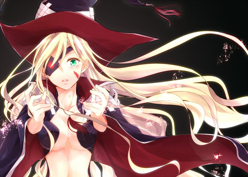 1girl, bberry, black_background, blonde_hair, breasts, cape, cleavage, collarbone, eyebrows, eyepatch, female_focus, fingernails, floating_hair, green_eyes, hat, long_hair, looking_at_viewer, medium_breasts, midriff, open_mouth, othinus, tears, teeth, toaru_majutsu_no_index, toaru_majutsu_no_index:_new_testament, upper_body, upper_teeth_only, witch_hat