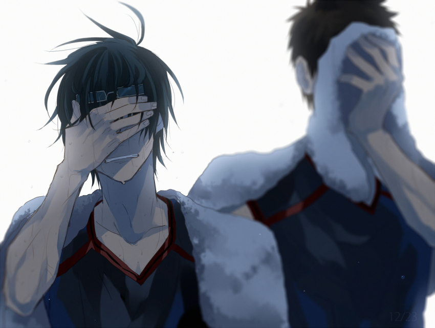 2boys, a-tsuki, bad_id, bad_pixiv_id, black_hair, bloom, blurry, covering_face