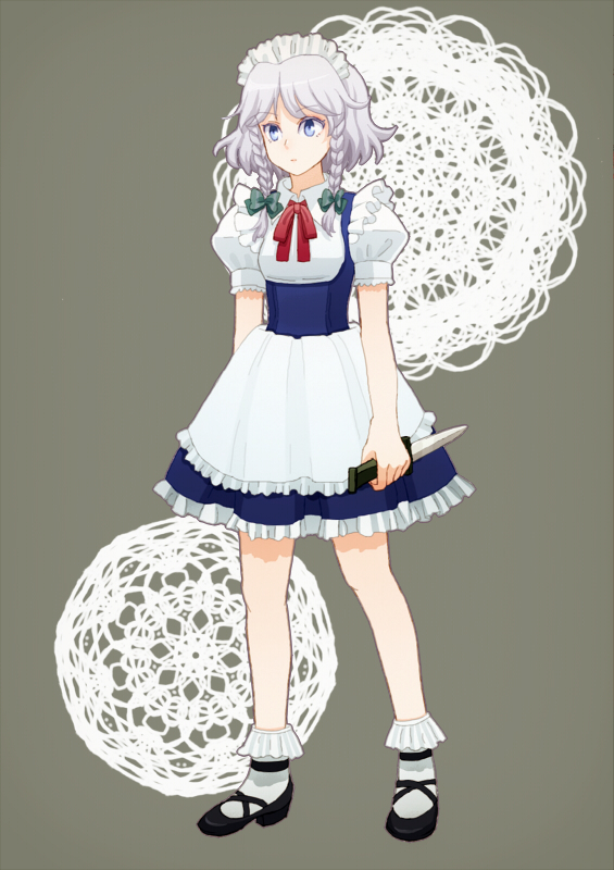 apron, blue_eyes, blue_skirt, bow, braid, frilled_apron, frilled_skirt, frilled_socks