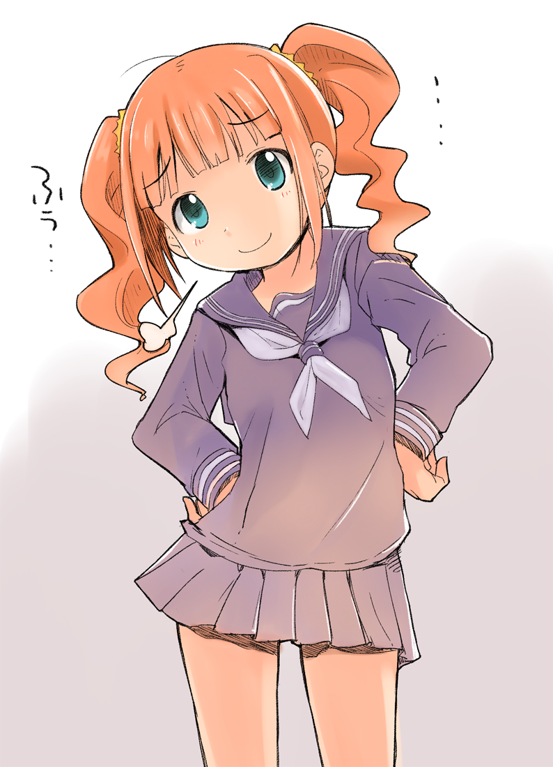 1girl, blue_eyes, female_focus, idolmaster, idolmaster_(classic), kanikani_(juicy), looking_at_viewer, orange_hair, school_uniform, serafuku, smile, solo, takatsuki_yayoi, twintails