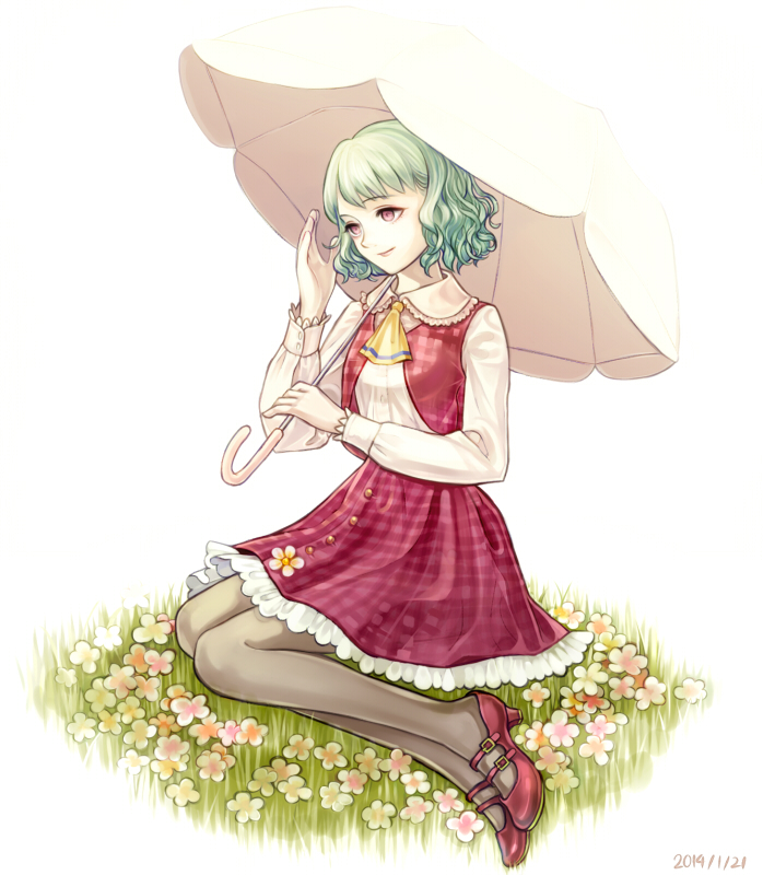 1girl, ascot, black_pantyhose, breasts, collared_shirt, dated, female_focus, flower, frills, full_body, green_hair, hand_in_own_hair, holding, kazami_yuuka, light_smile, long_sleeves, marydill, pantyhose, parasol, plaid_clothes, plaid_skirt, plaid_vest, red_eyes, shirt, shoes, short_hair, simple_background, sitting, skirt, smile, solo, touhou, umbrella, vest, wavy_hair, white_background