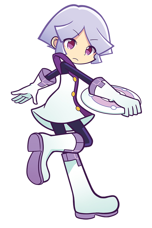 1boy, bishounen, boots, chakram, full_body, genderswap, genderswap_(ftm), gloves, kei-chan_(atlas_kei), knee_boots, looking_back, male_focus, official_style, purple_eyes, purple_hair, puyopuyo, puyopuyo_tetris, solo, standing, standing_on_one_leg, tee_(puyopuyo), weapon, white_background