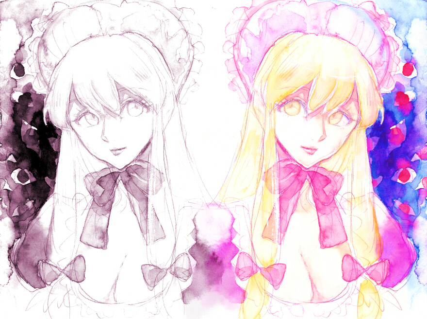 bad_id, bad_pixiv_id, blonde_hair, bonnet, bow, breasts, cleavage, eyelashes