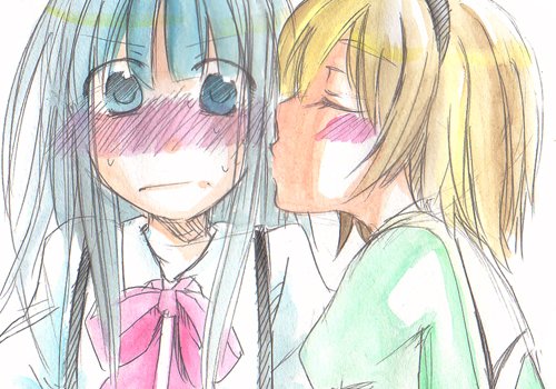 00s, 2girls, ako, ako_(so_crazy!?), blonde_hair, blue_eyes, blue_hair, blush