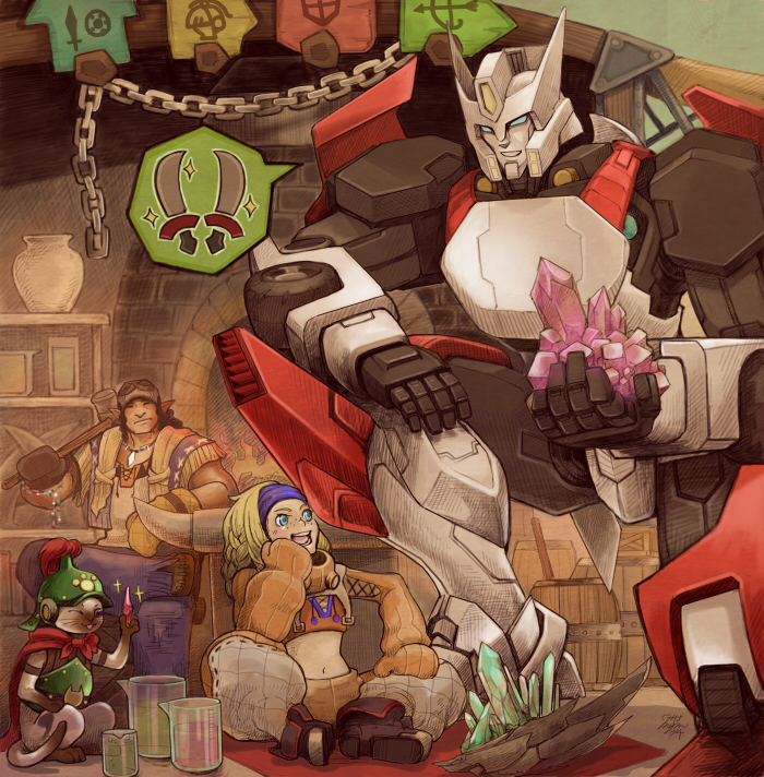 1girl, 2boys, armor, blonde_hair, brave_(armor), capcom, character_request, chawan_mushi_(twotenjack11)