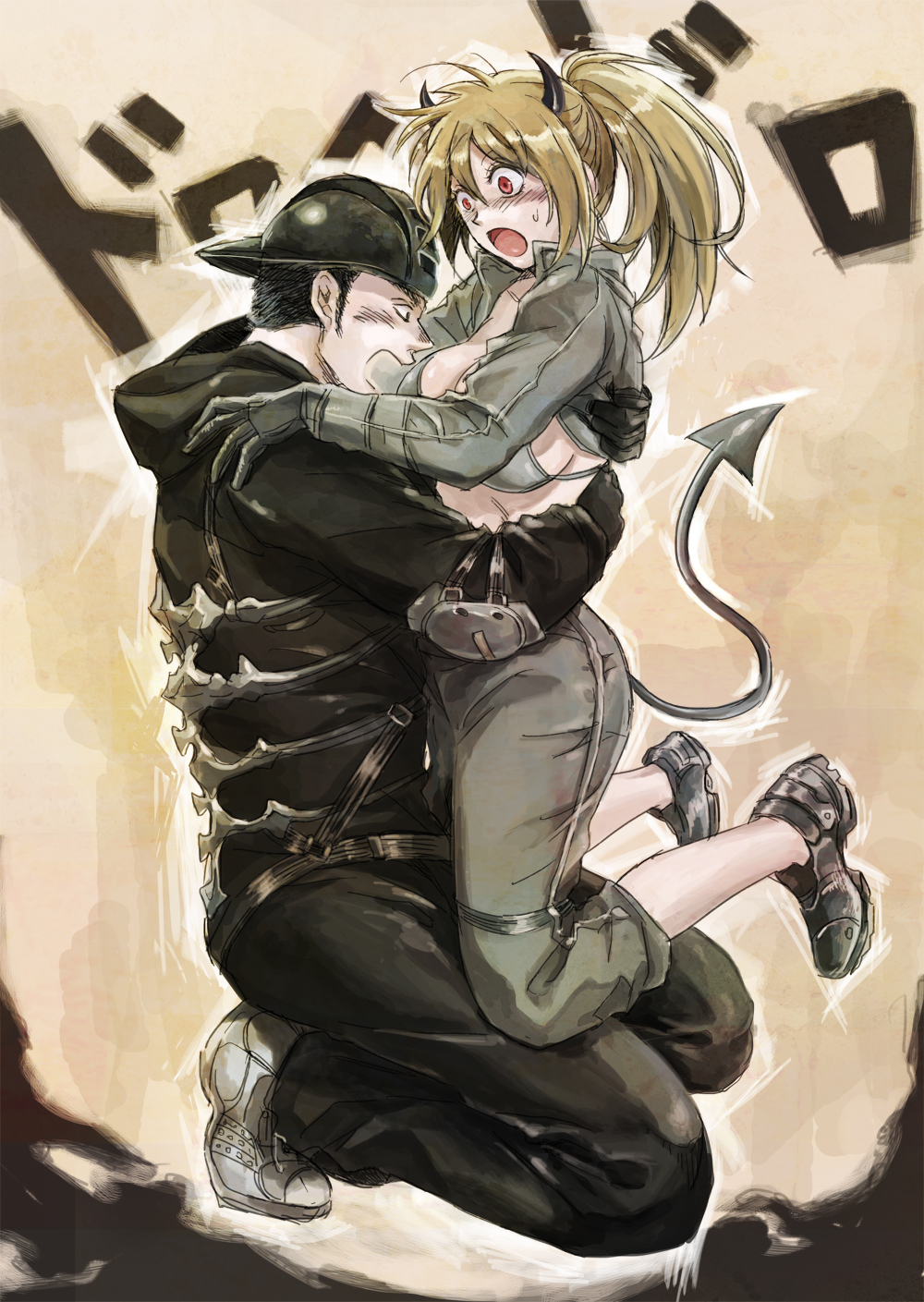 1boy, 1girl, aikawa_(dorohedoro), aikawa_you, bad_id, bad_pixiv_id, belt, bikini, bikini_top_only, black_eyes, black_hair, blonde_hair, blush, breasts, buckle, copyright_name, demon_tail, dorohedoro, elbow_pads, gloves, helmet, hetero, highres, horns, hug, jacket, juliaczzz, kneeling, large_breasts, midriff, nikaidou_(dorohedoro), open_mouth, ponytail, red_eyes, shoes, sneakers, swimsuit, tail
