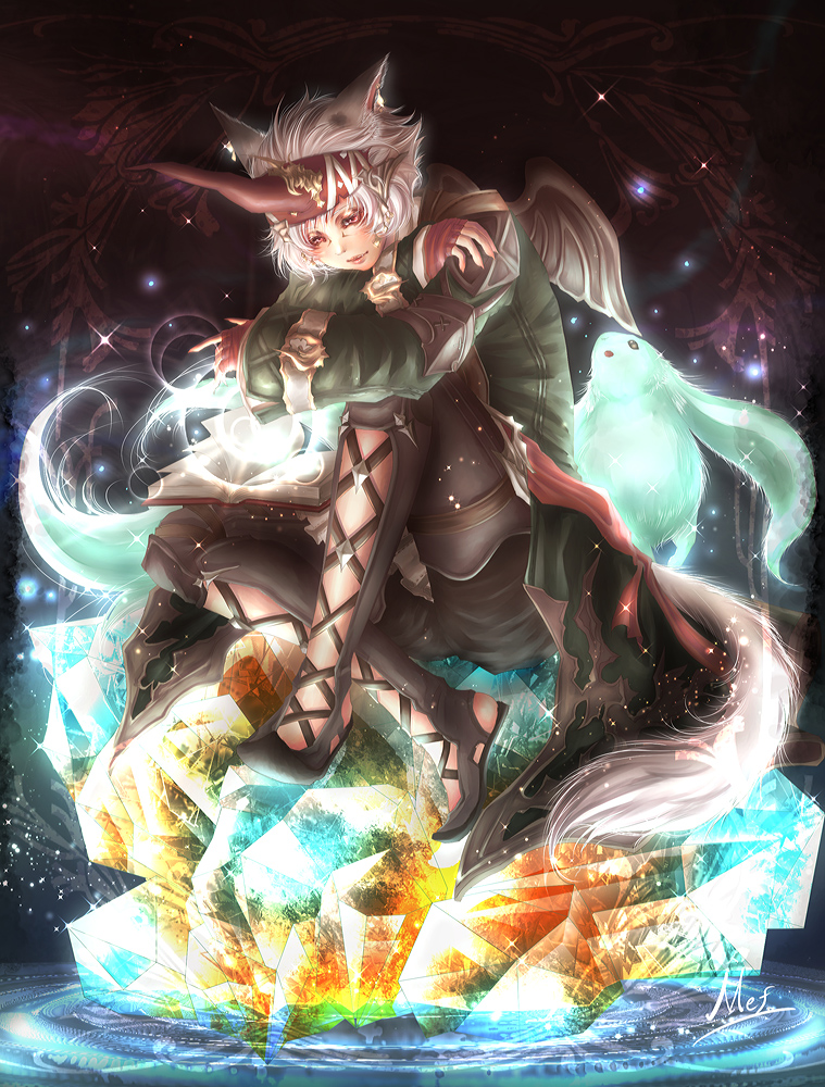 10s, animal_ears, book, carbuncle_(final_fantasy), cat_ears, cat_tail, crystal, final_fantasy, final_fantasy_xiv, fingerless_gloves, gloves, miqo'te, red_eyes, sacco, short_hair, summoner, tail, white_hair, wings